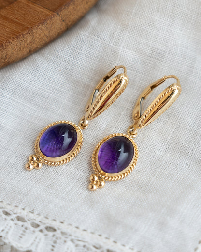 5.20 Cabochon Amethyst Drop Earrings in 14k Yellow Gold