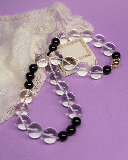 Onyx & Quartz Beaded Necklace in 14k Yellow Gold