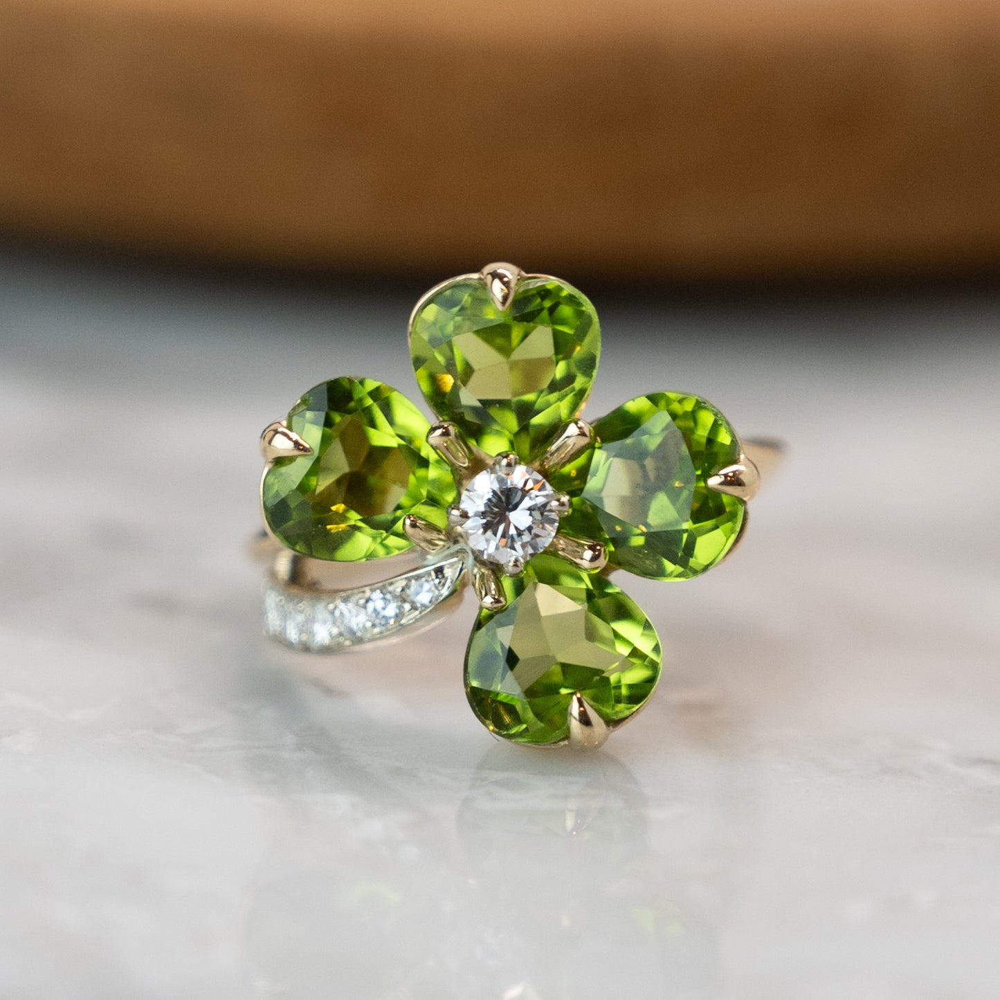 Peridot & Diamond Clover Cocktail Ring in 14k