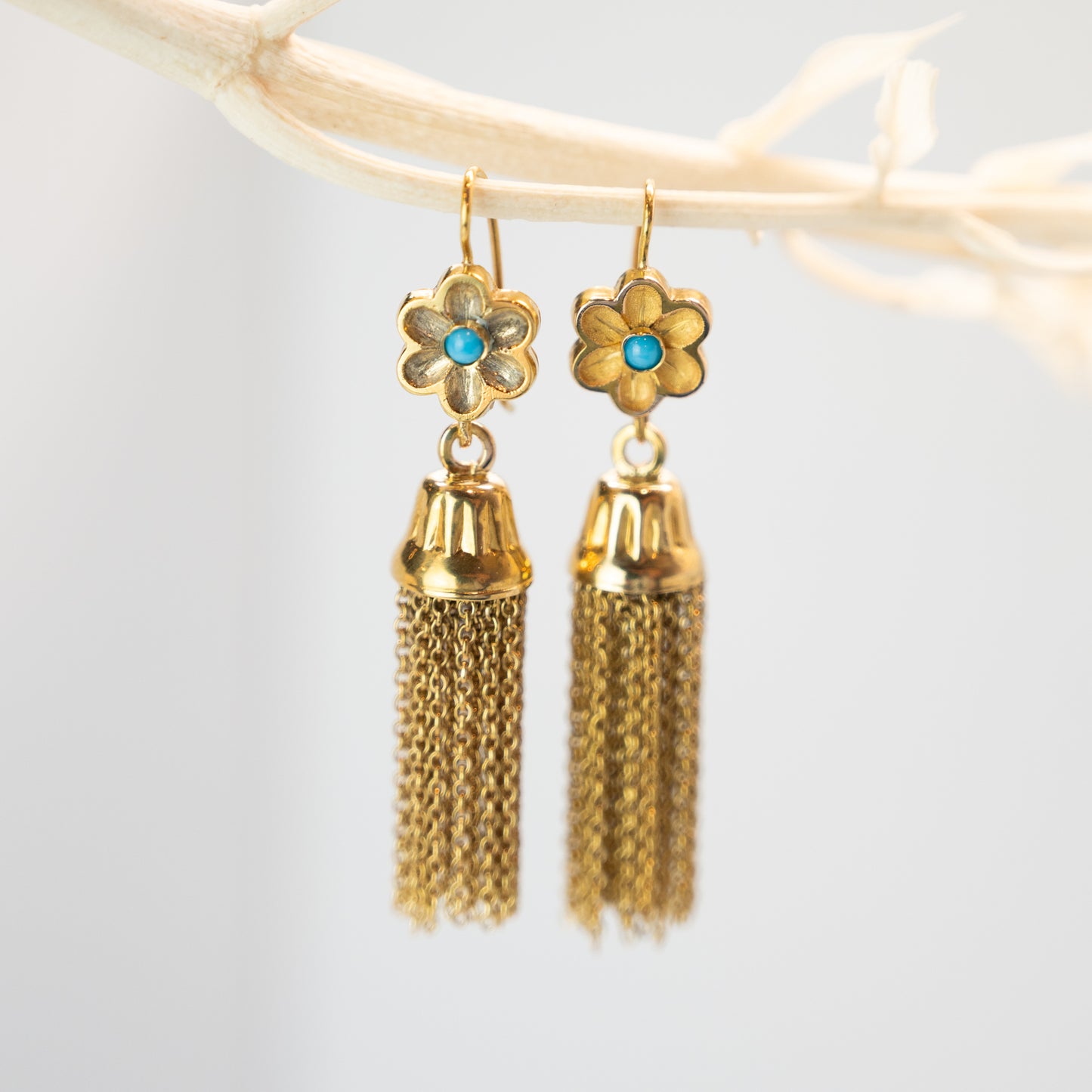 Vintage 1950's Turquoise Tassel Earrings in 14k