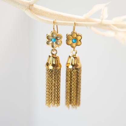 Vintage 1950's Turquoise Tassel Earrings in 14k