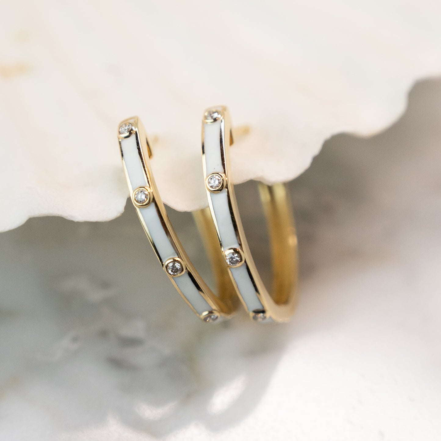 .10 White Enamel & Diamond Hoop Earrings in 14k