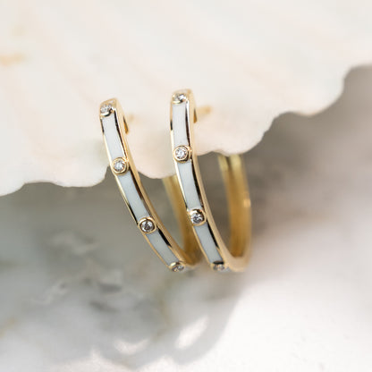 .10 White Enamel & Diamond Hoop Earrings in 14k