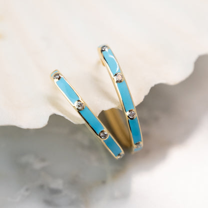 .10 Blue Enamel & Diamond Hoop Earrings in 14k
