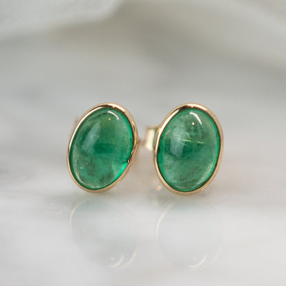 1.50 Cabochon Emerald Stud Earrings in 14k