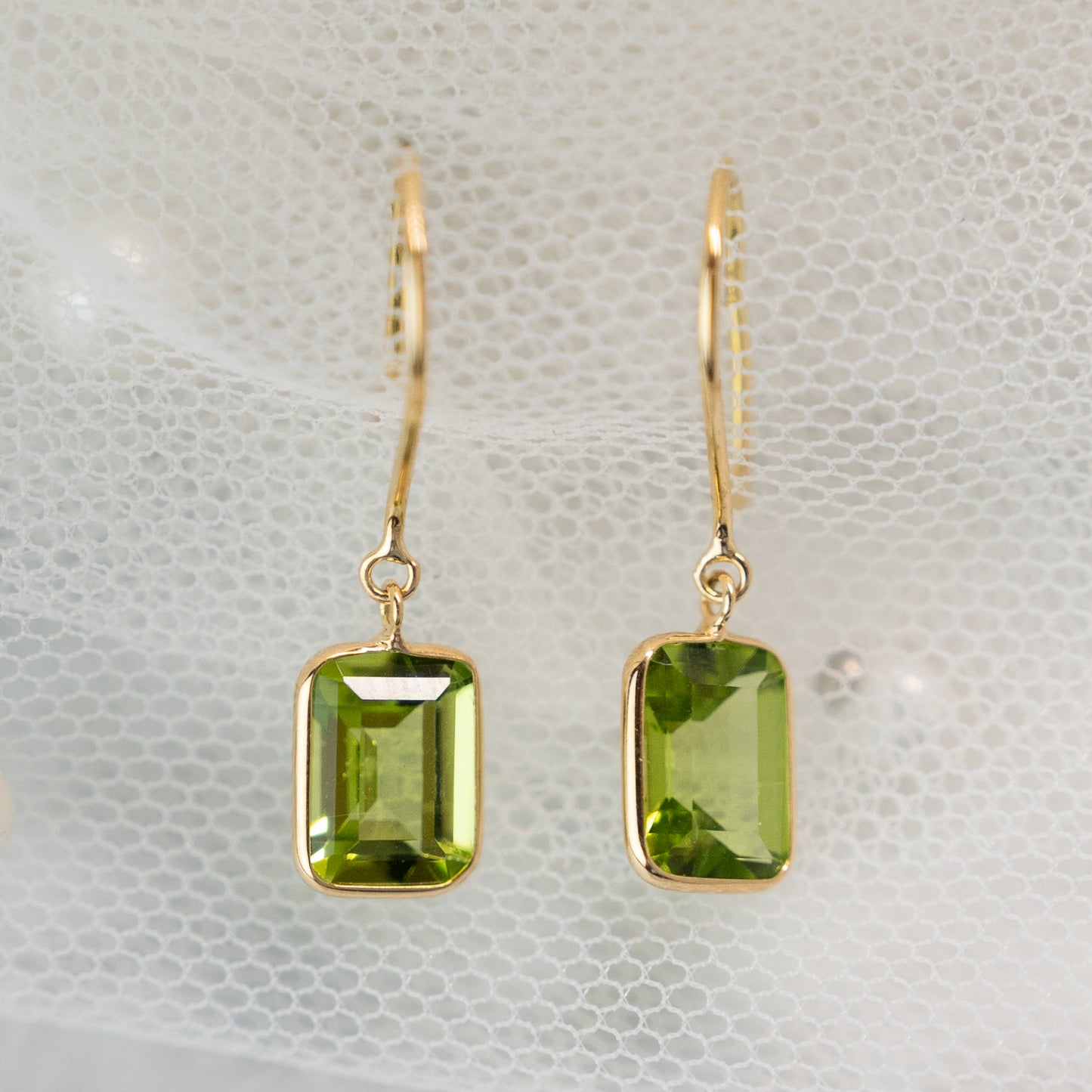 3.15 Emerald Cut Peridot Drop Earrings in 18k