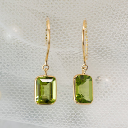 3.15 Emerald Cut Peridot Drop Earrings in 18k