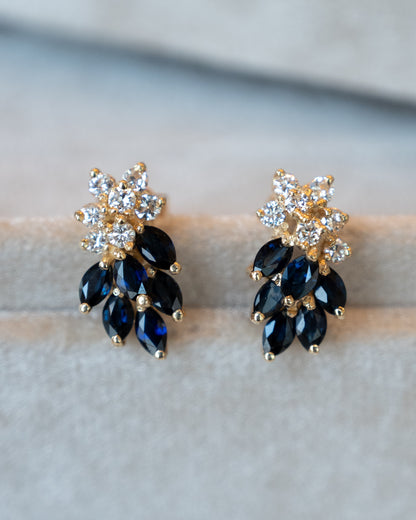 Diamond & Sapphire Cluster Stud Earrings 14k Yellow Gold