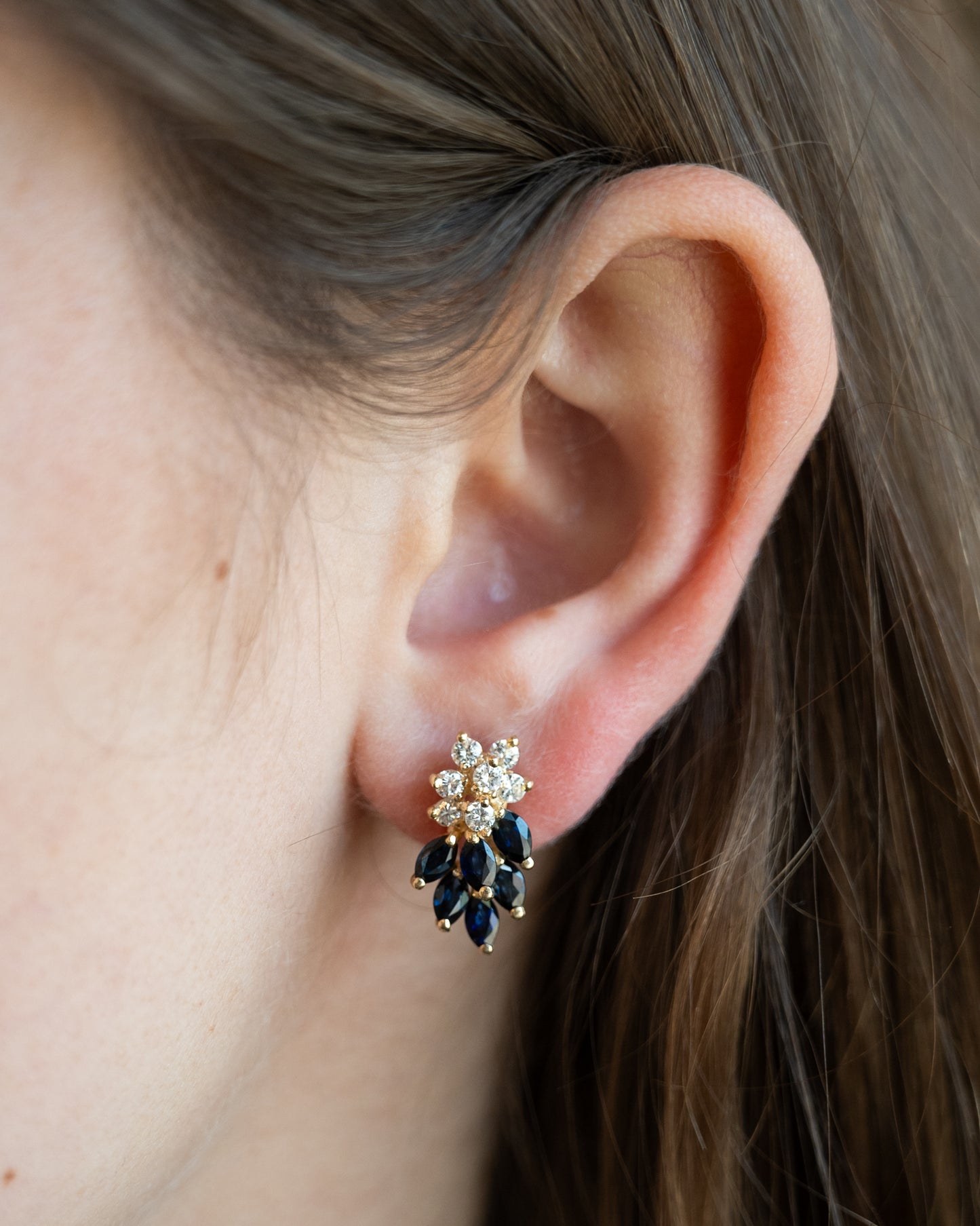 Diamond & Sapphire Cluster Stud Earrings 14k Yellow Gold