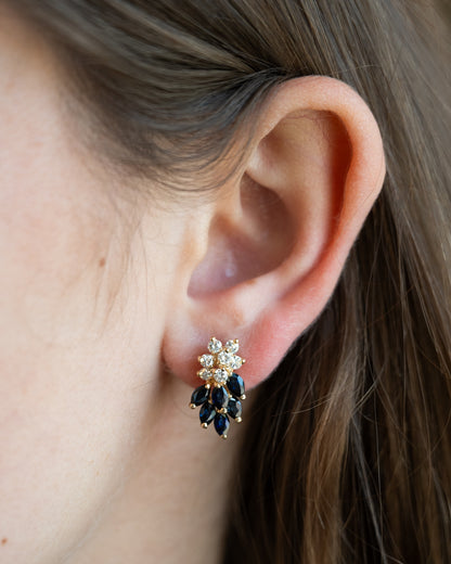 Diamond & Sapphire Cluster Stud Earrings 14k Yellow Gold
