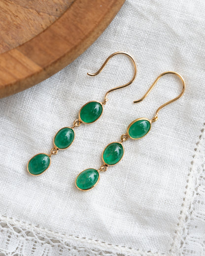 3.84 Cabochon Emerald Earrings in 14k Yellow Gold