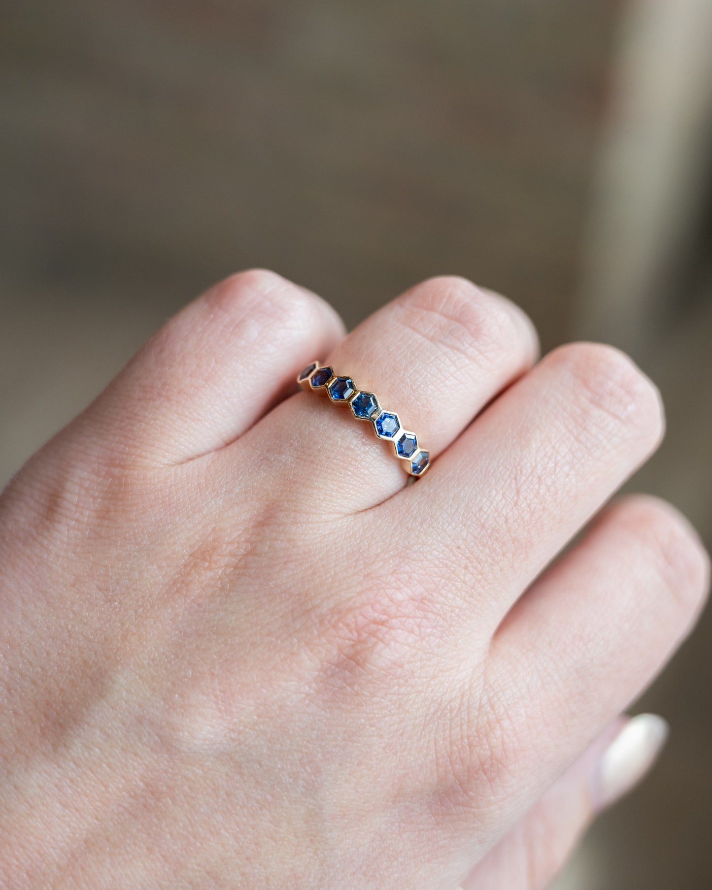 1.23 Hexagon Blue Sapphire Band in 14k Yellow Gold