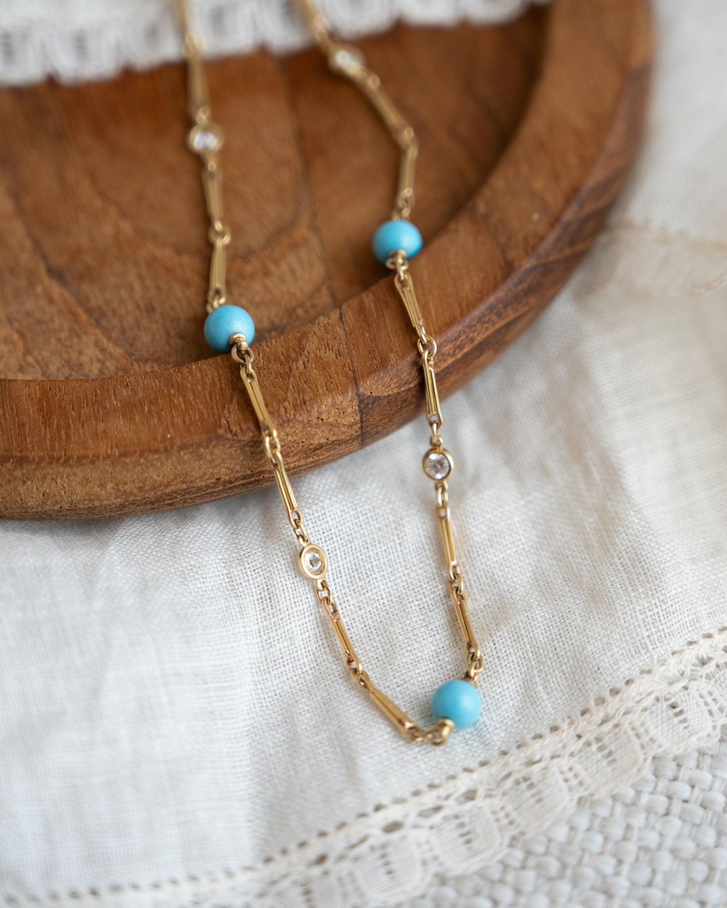 22 Inch Turquoise & Diamond Necklace in 18k Yellow Gold