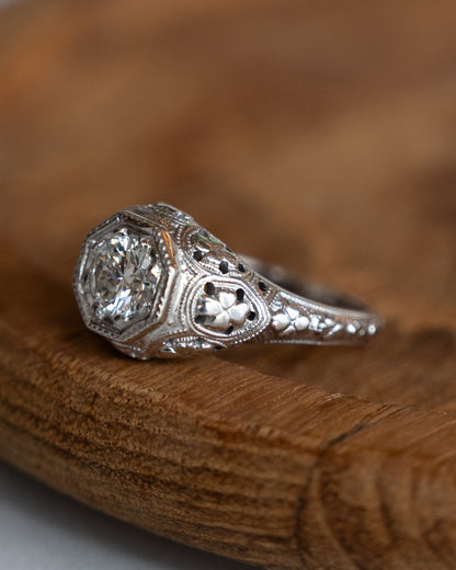 .85 Antique Art Deco Filigree Engagement Ring 18k