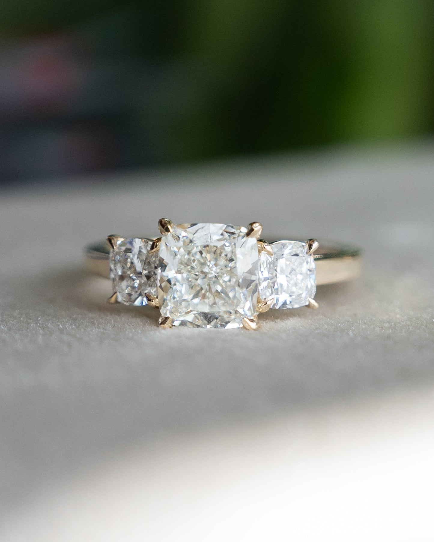 2.02 Cushion Three Stone Engagement Ring 14k
