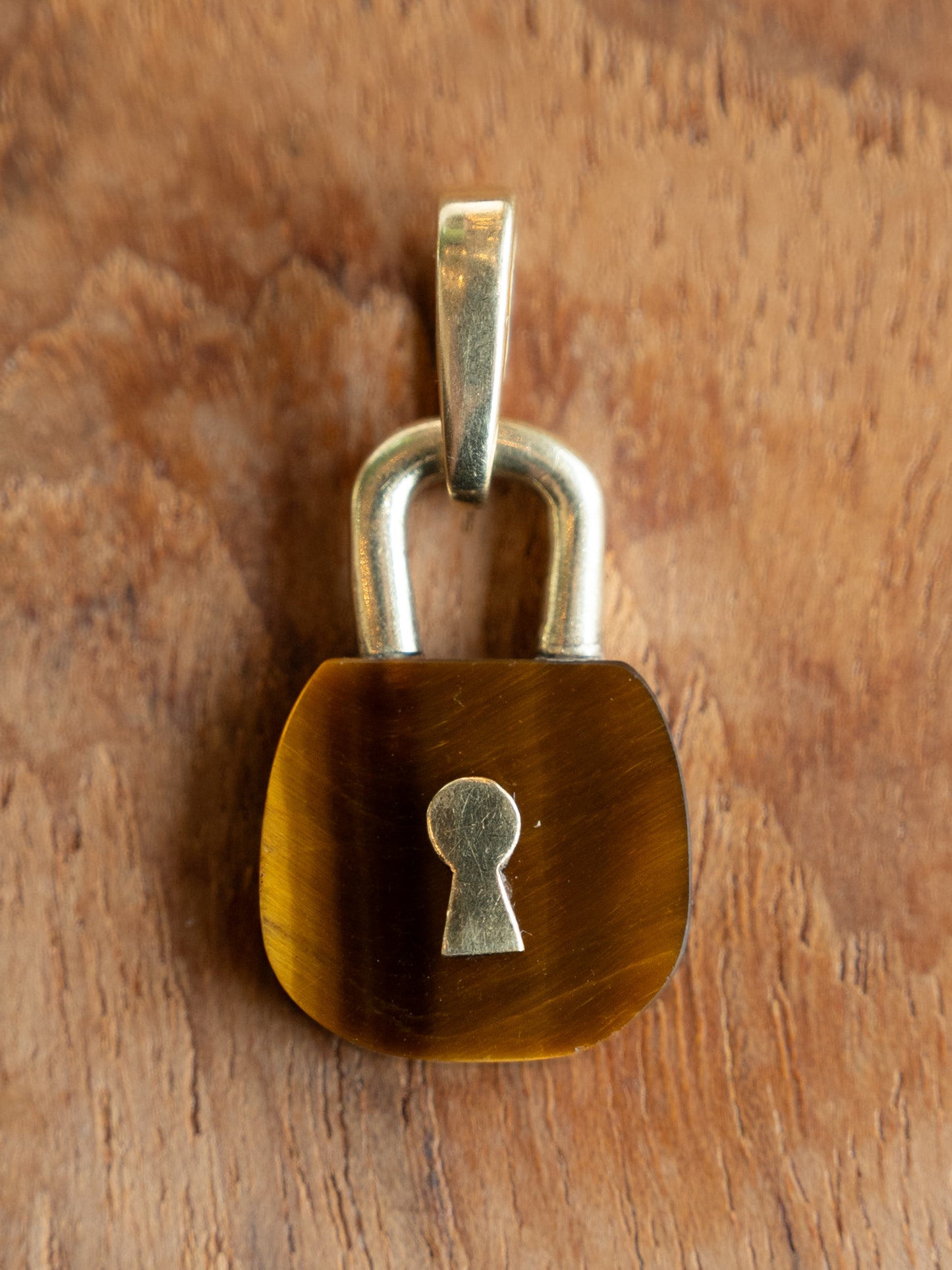 Tigers Eye Gold Lock Pendant in 14k Yellow Gold