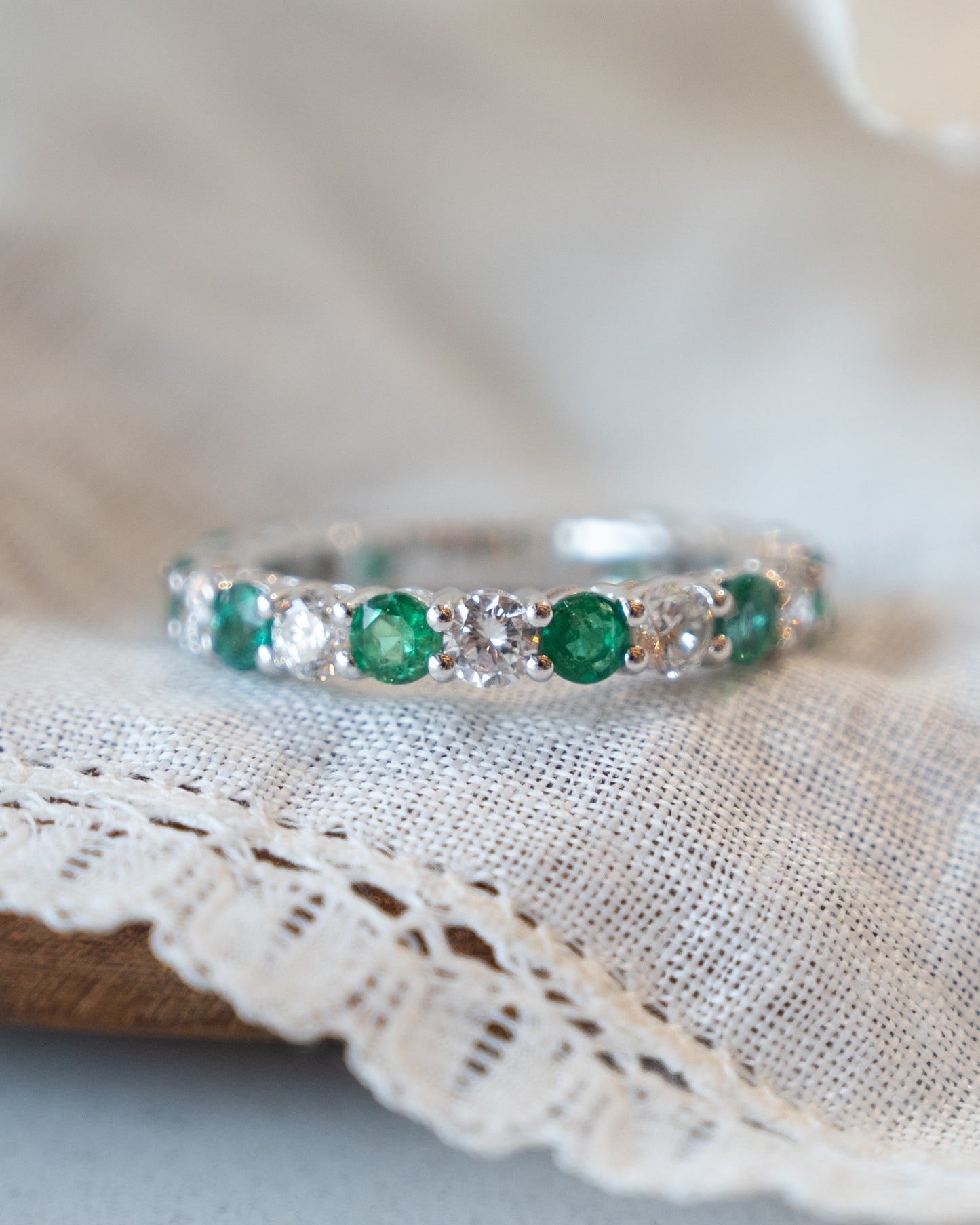 1.30 Emerald & Diamond Wedding Band in 18k White Gold