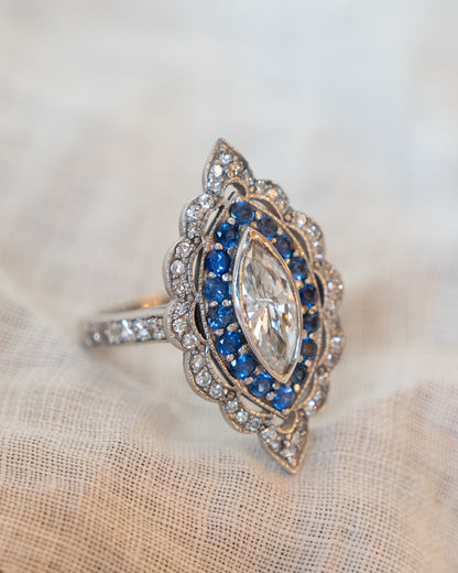 1.15 Marquise & Sapphire Navette Cocktail Ring 14k