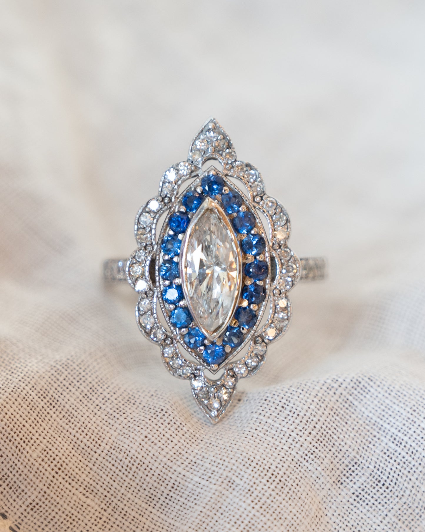 1.15 Marquise & Sapphire Navette Cocktail Ring 14k