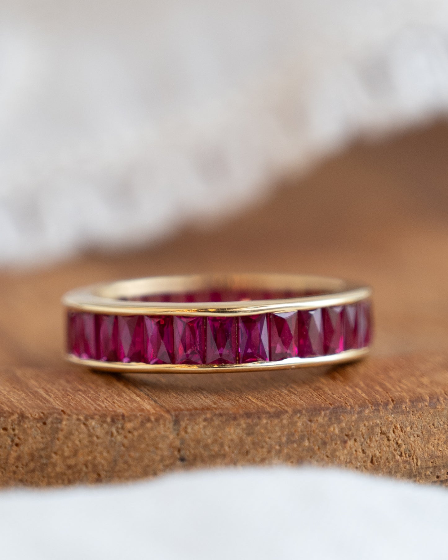 3.77 French Cut Ruby Eternity Band in 18k Yellow Gold