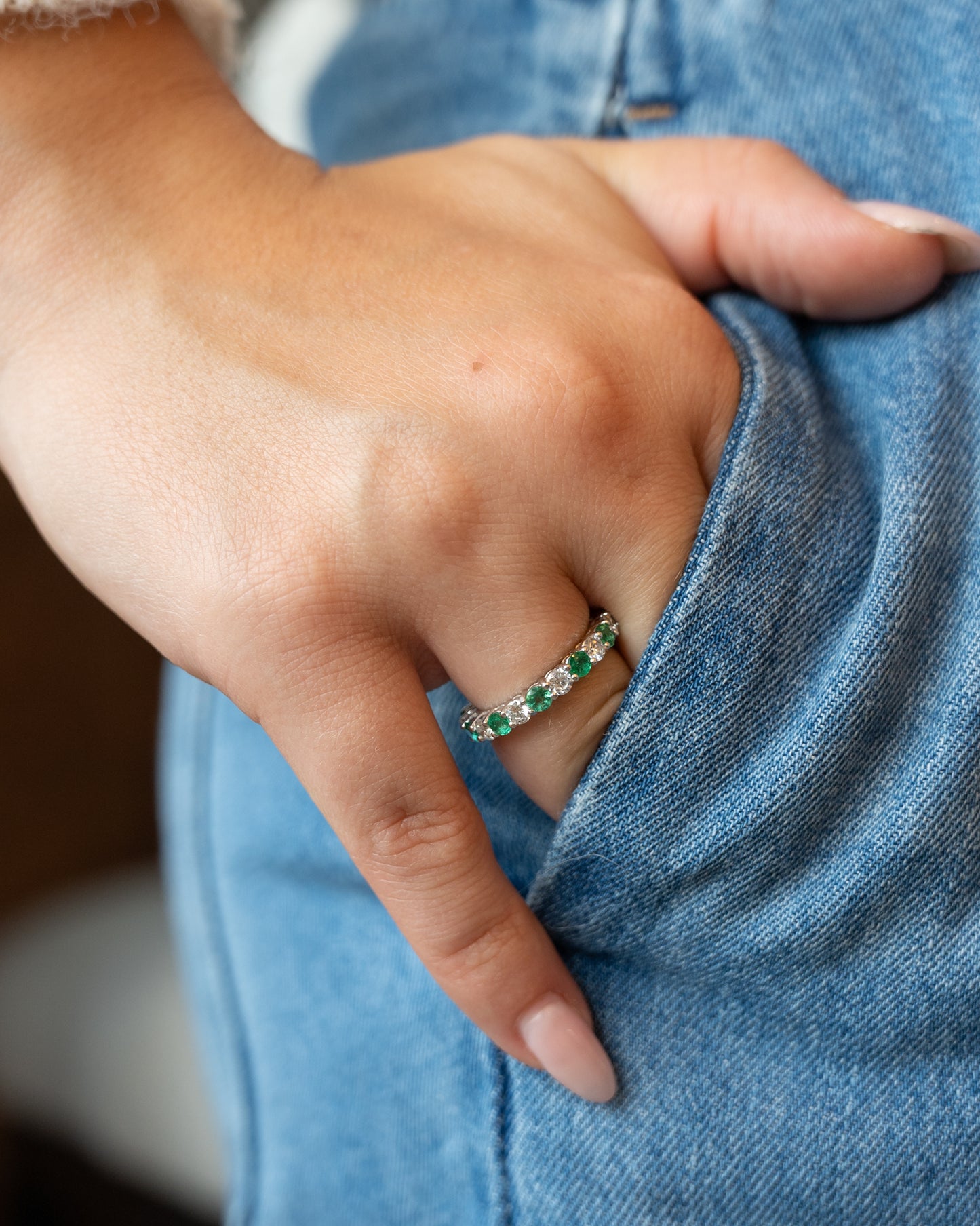 1.30 Emerald & Diamond Wedding Band in 18k White Gold