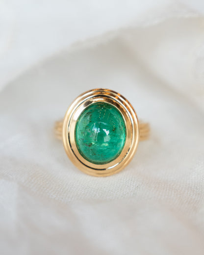 5.96 Cabochon Emerald Cocktail Ring in 14k Yellow Gold