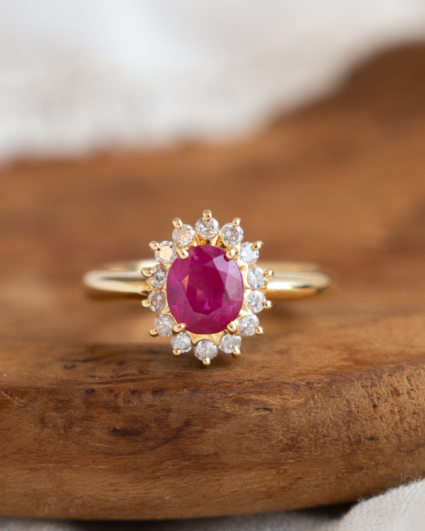 1.27 Ruby & Diamond Halo Engagement Ring in 18k