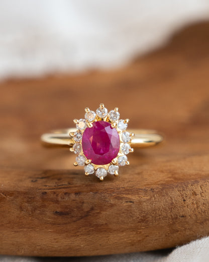 1.27 Ruby & Diamond Halo Engagement Ring in 18k