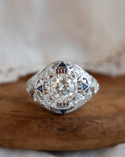 1.03 Art Deco Diamond & Sapphire Engagement Ring 14k
