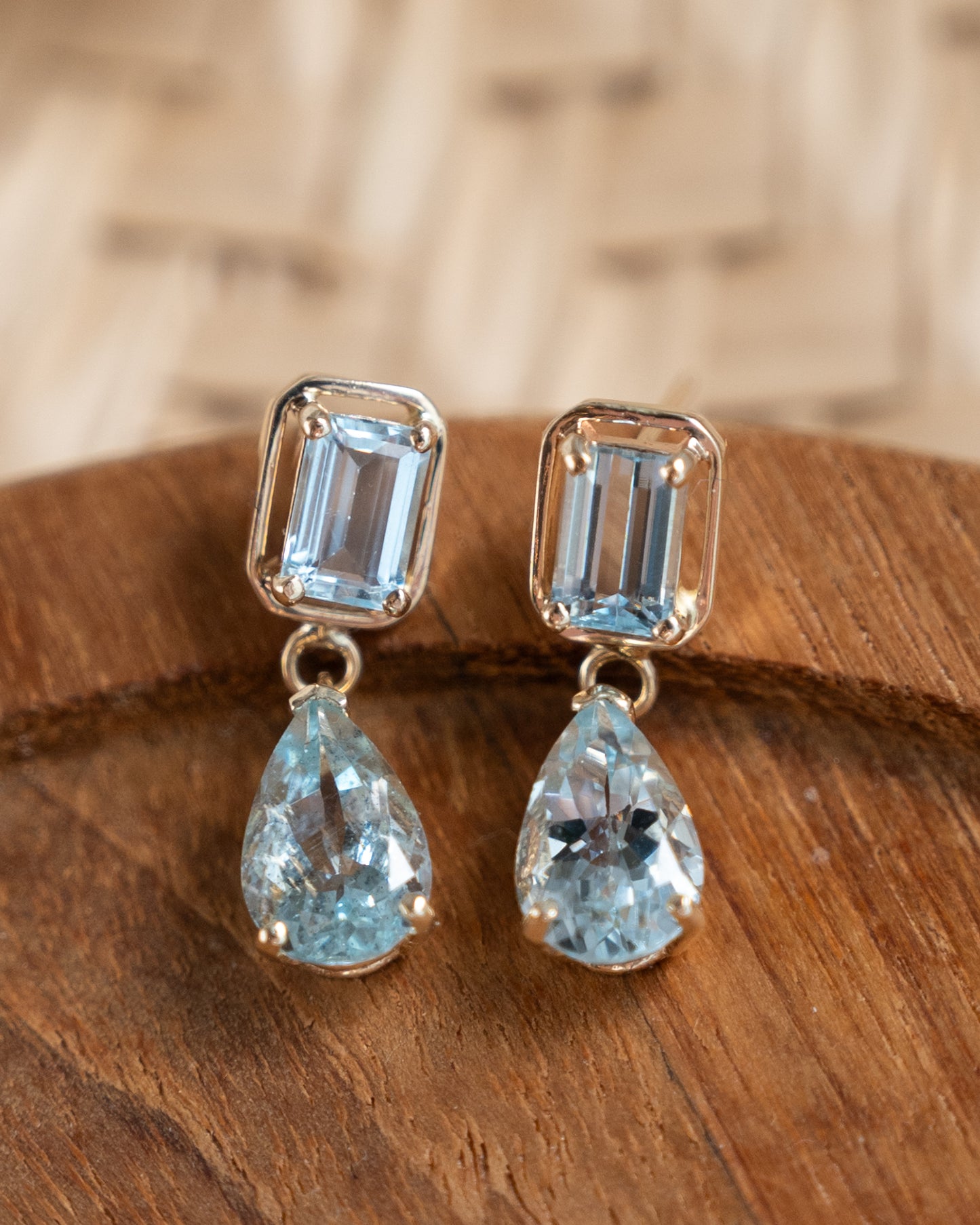 2.86 Pear & Emerald Cut Aquamarine Dangle Earrings 14k