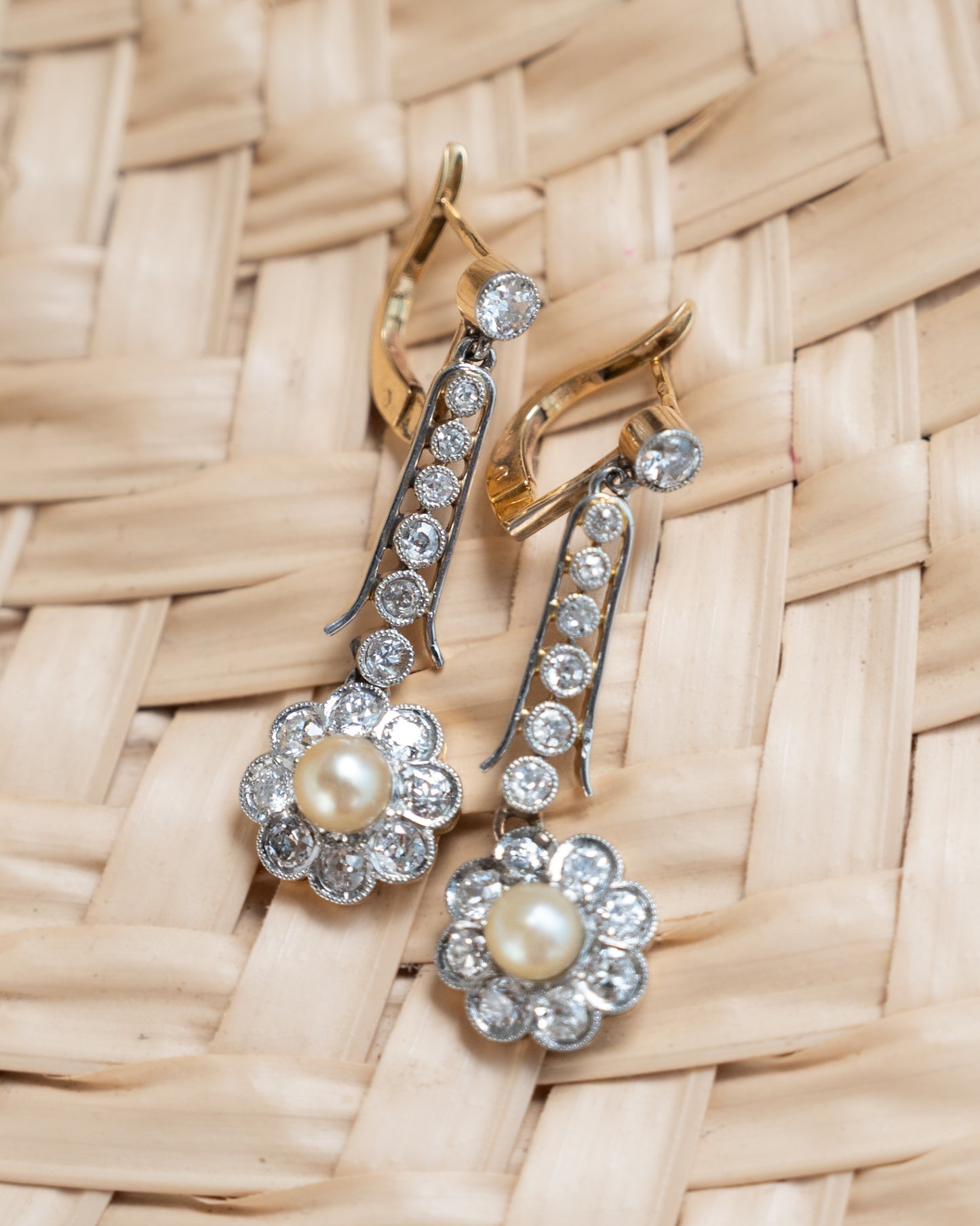 1.48 Antique Edwardian Diamond & Pearl Earrings Platinum/18k