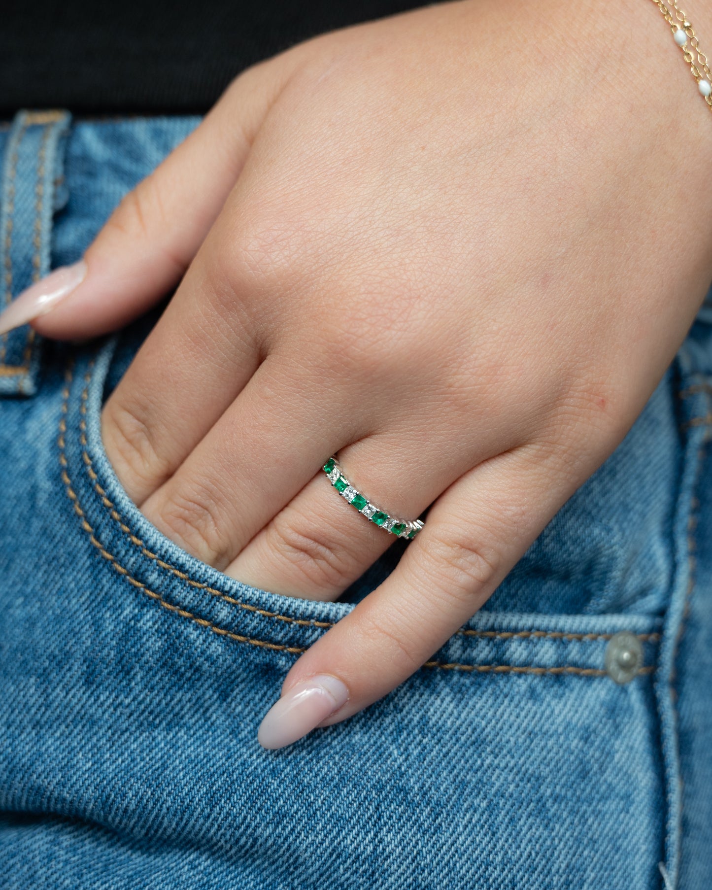 Emerald & Diamond Stacking Ring in 14k White Gold