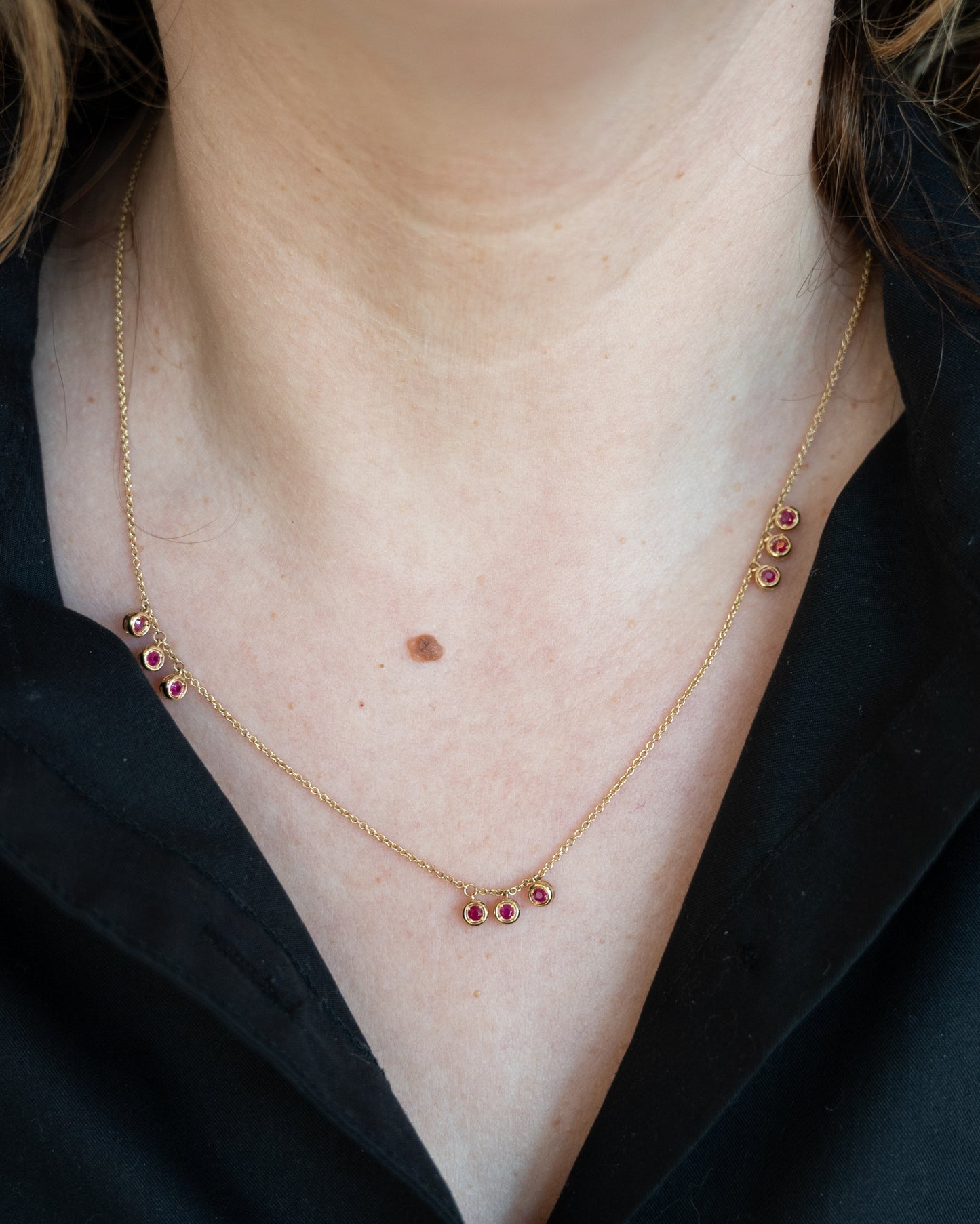 .51 Bezel Ruby Dangle Necklace in 14k Yellow Gold
