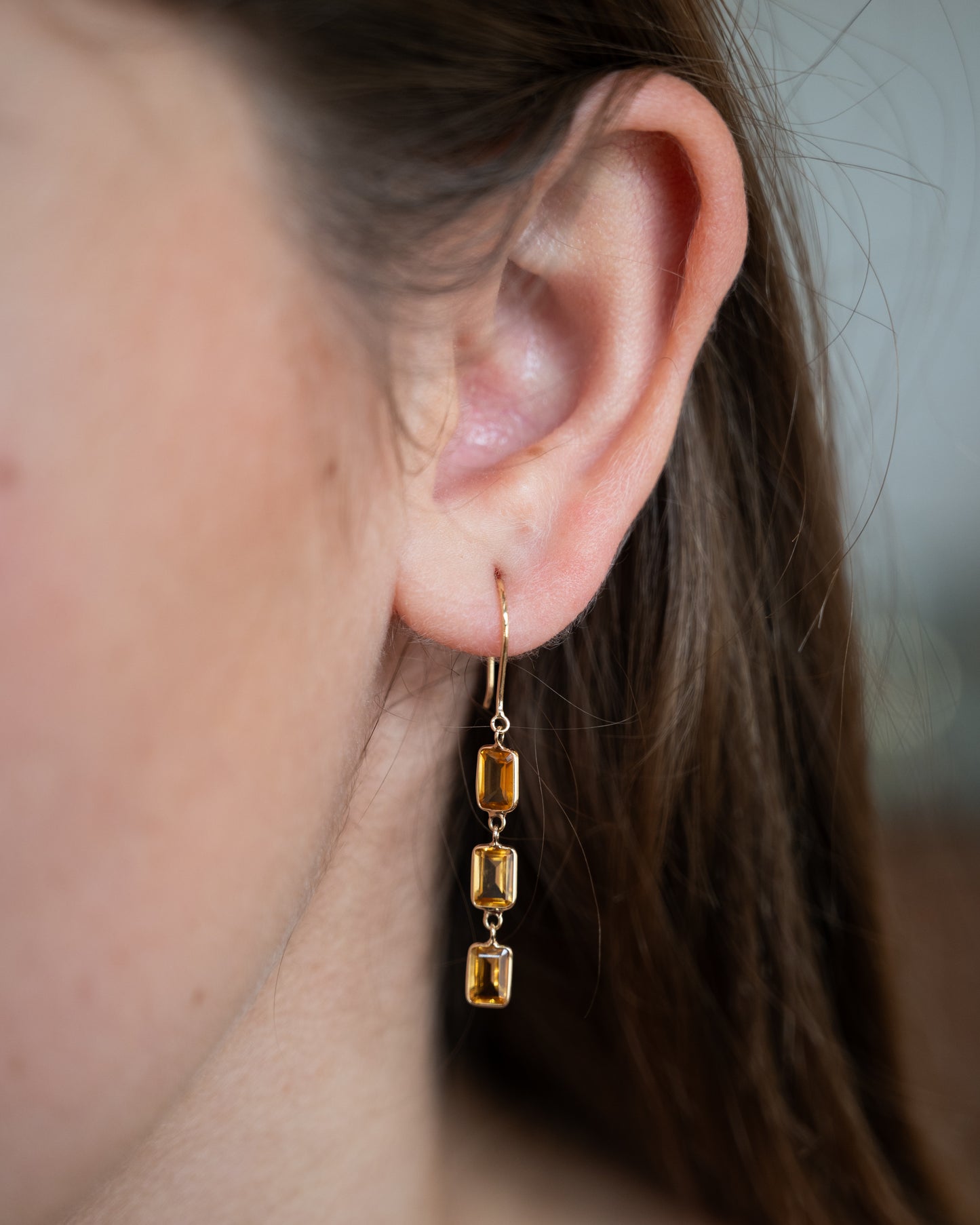 3.10 Emerald Cut Citrine Drop Earrings in 14k