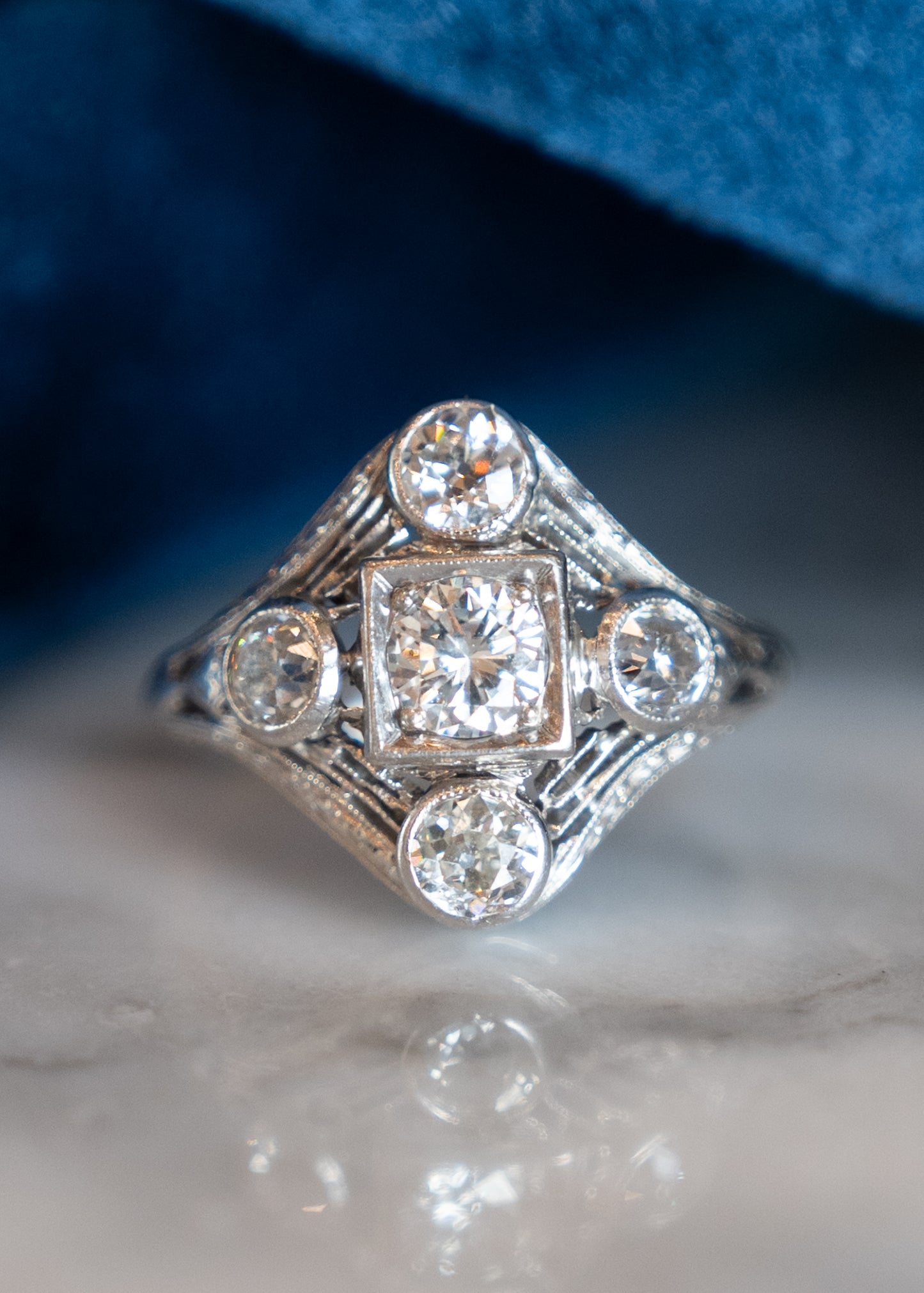 .44 Antique Filigree Art Deco Cocktail Ring in 14k White Gold