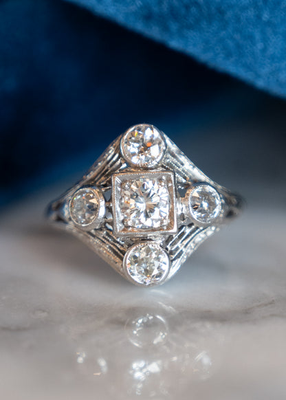 .44 Antique Filigree Art Deco Cocktail Ring in 14k White Gold