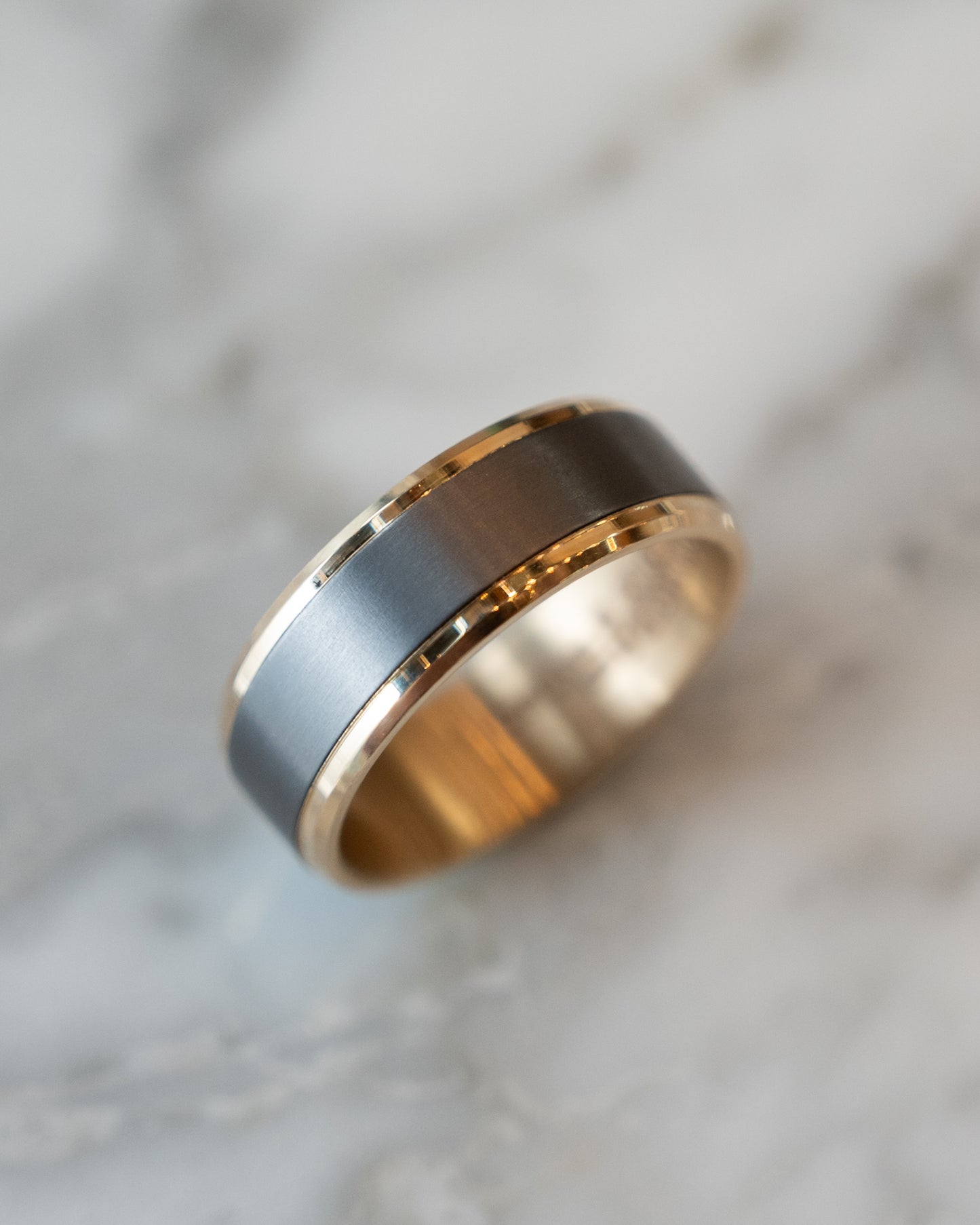 Mens Beveled Edge Tantalum Wedding Band in 14k