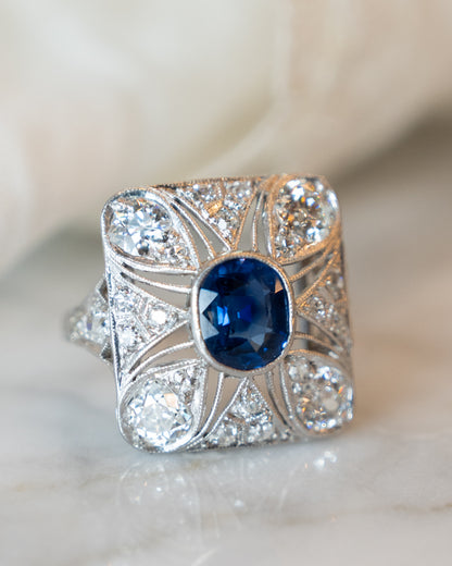 1.67 Vintage Deco Sapphire & Diamond Cocktail Ring in Platinum
