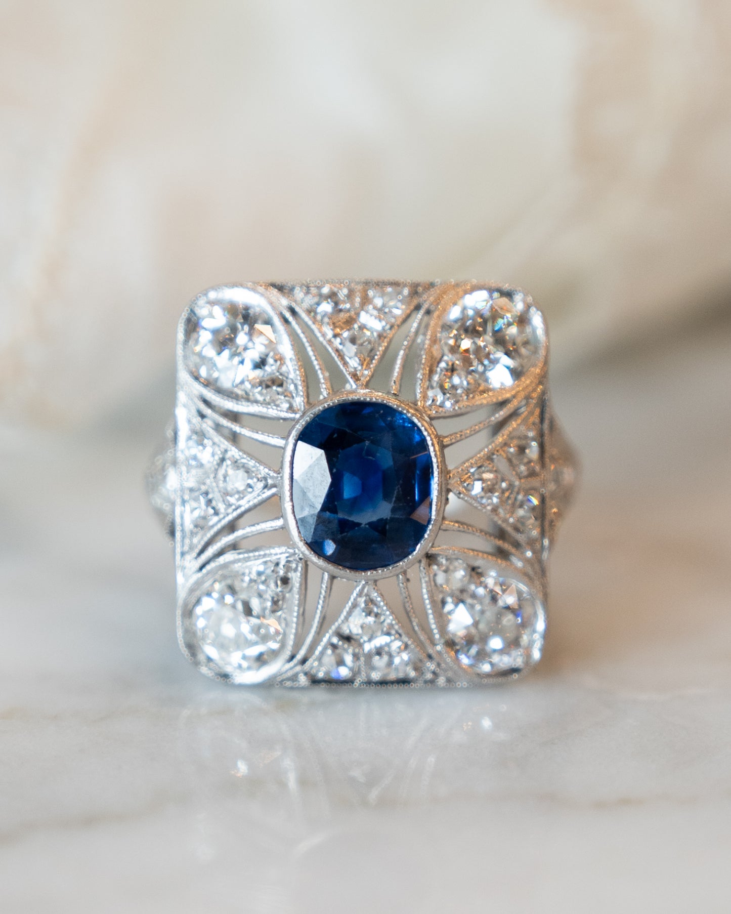 1.67 Vintage Deco Sapphire & Diamond Cocktail Ring in Platinum