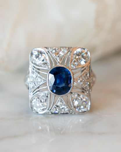 1.67 Vintage Deco Sapphire & Diamond Cocktail Ring in Platinum