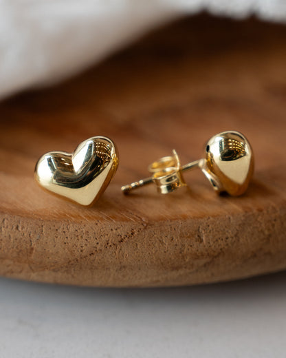 Puffy Heart Shaped Stud Earrings in 14k Yellow Gold