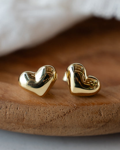 Puffy Heart Shaped Stud Earrings in 14k Yellow Gold