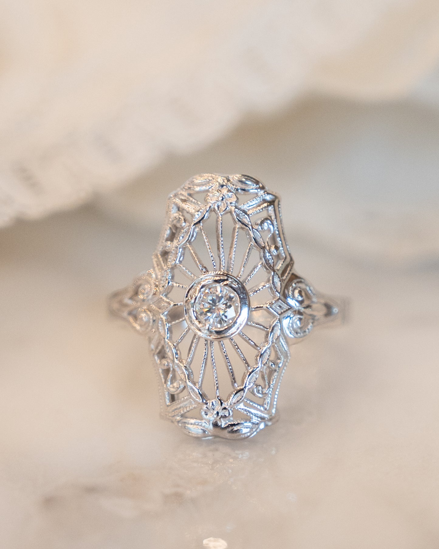 .17 Art Deco Style Filigree Ring in 14k White Gold