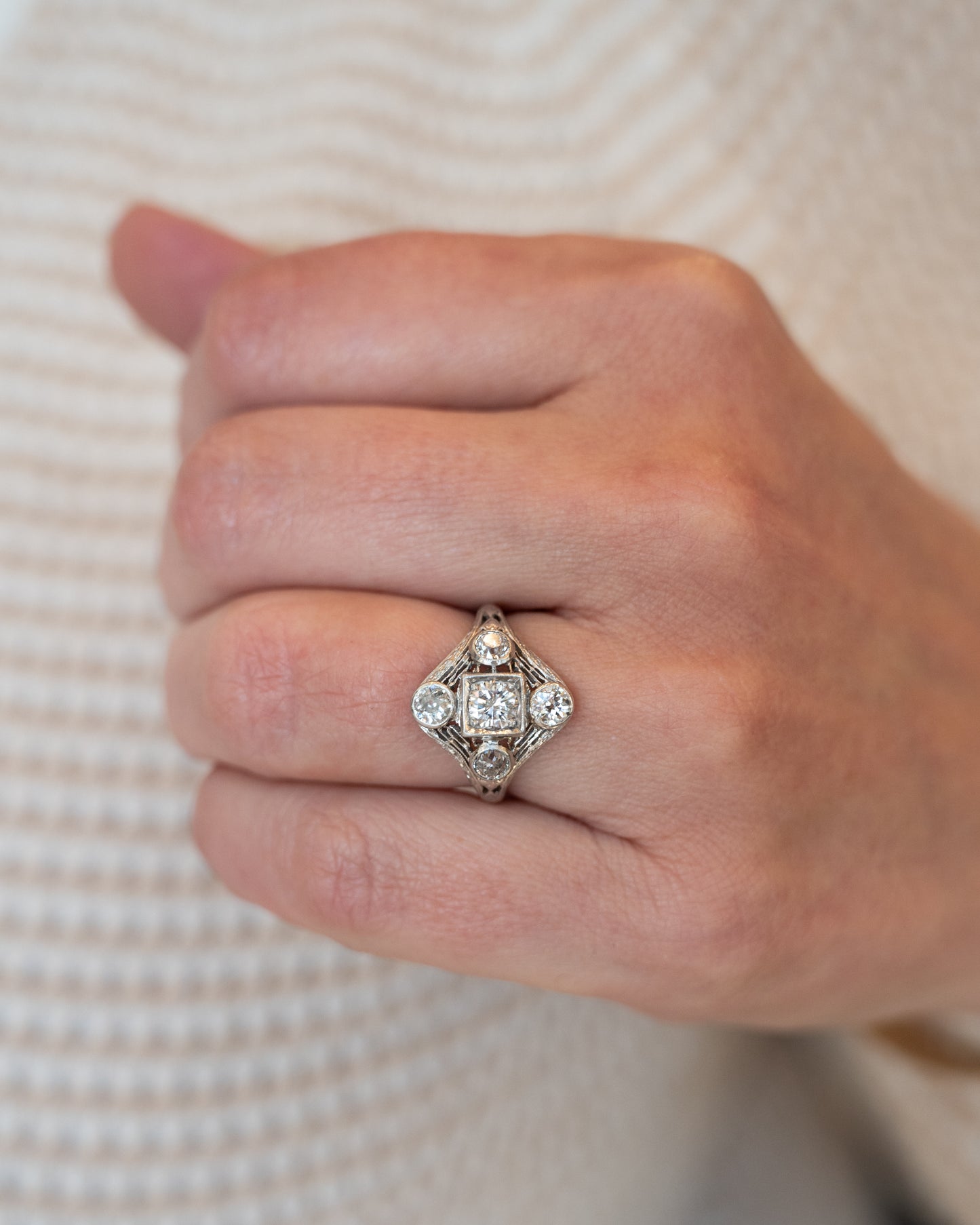 .44 Antique Filigree Art Deco Cocktail Ring in 14k White Gold