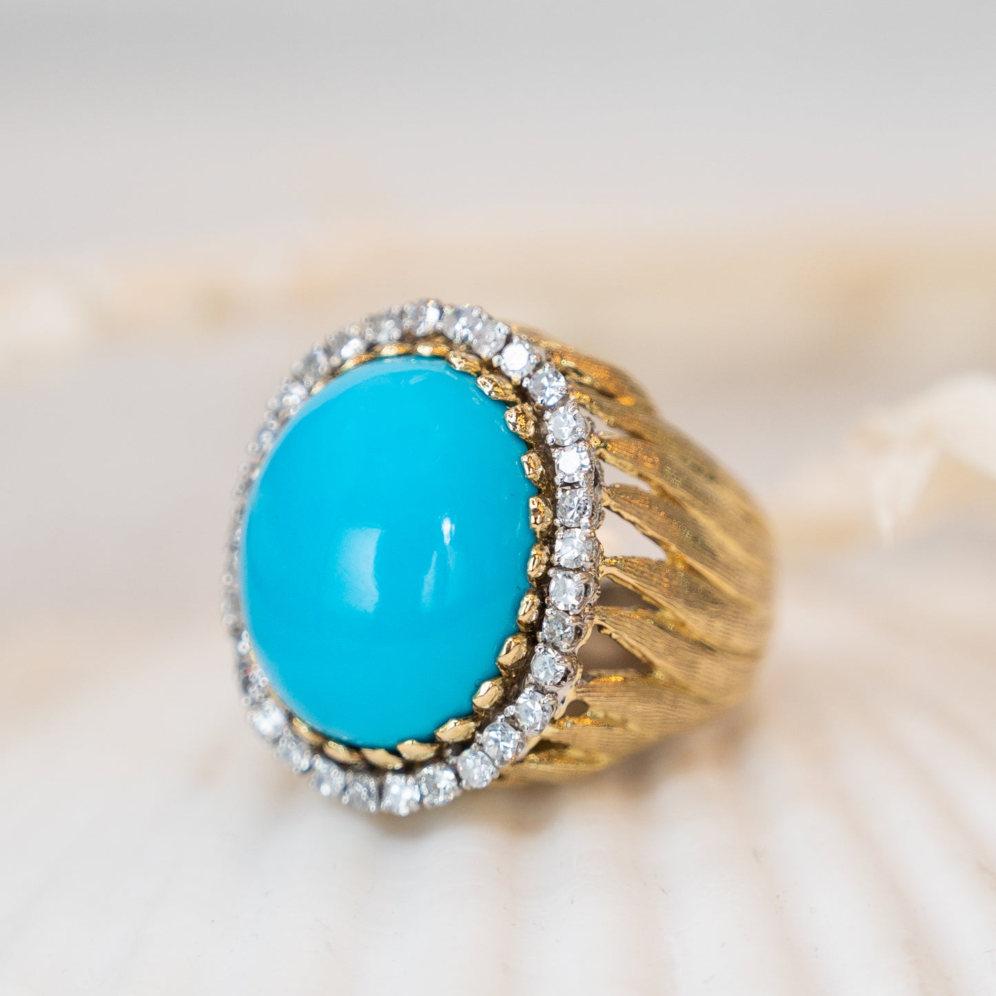 16.87 Vintage Turquoise & Diamond Cocktail Ring in Yellow Gold