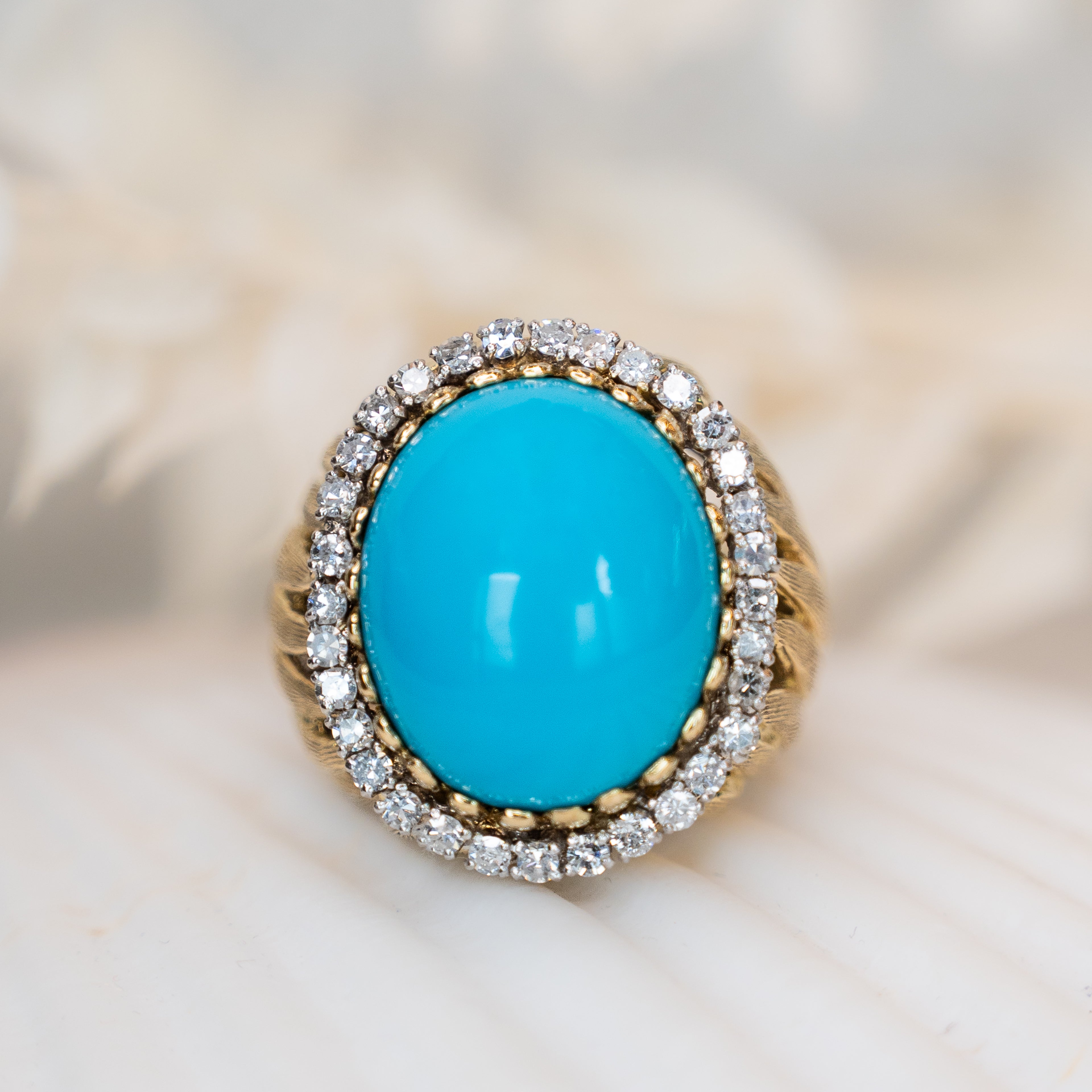 16.87 Vintage Turquoise Diamond Cocktail Ring in Yellow Gold Filigree Jewelers