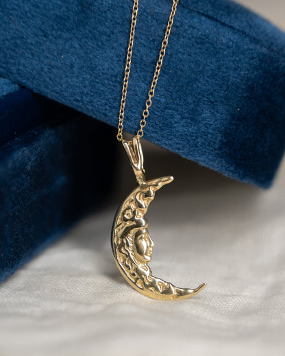 Antique Art Nouveau Moon Face Pendant Necklace 14k
