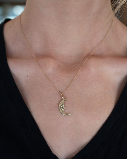 Antique Art Nouveau Moon Face Pendant Necklace 14k