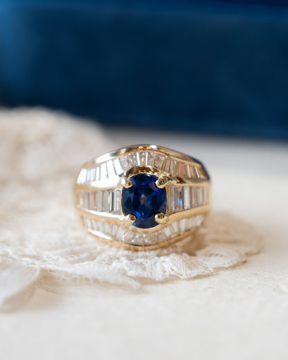1.69 Blue Sapphire & Diamond Cocktail Ring 18k Yellow Gold