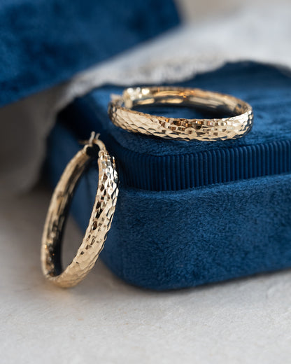 Oval Hammered Hoop Earrings 14k Yellow Gold